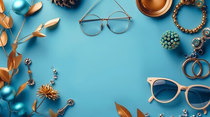 Naklejka premium Composition with female accessories on blue background