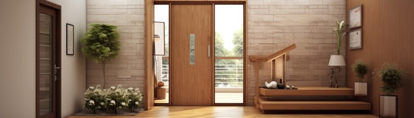 Fototapeta premium A wooden room with a bench and a vase. The room has a warm and cozy atmosphere