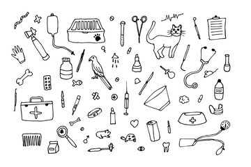 Veterinary medicine doodle, set with pets, medicines and food. Cat and dog, hamster, rabbit. Vector illustration on white background.
