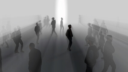 Silhouettes of many people walking slowly in fog. People, spirits, phantoms, walking in mist, haze, after life plane. Slow motion. 3d render illustration