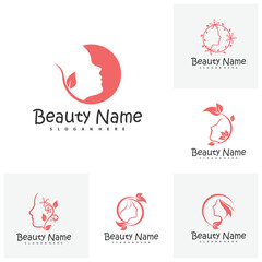 Set of Natural Floral Beauty woman face logo design, Beauty logo design template vector