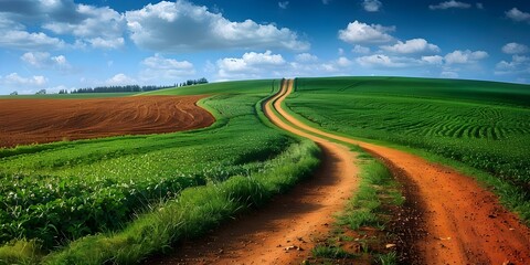 Obraz premium Scenic view of a dirt road winding through a lush green field. Concept Nature, Landscape, Outdoors, Rural, Countryside
