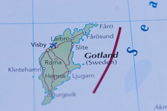 Gotland island in focus on the map, Sweden.