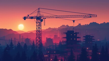 Silhouette of a crane at dawn constructing a high-rise building, depicted in a low poly vector style