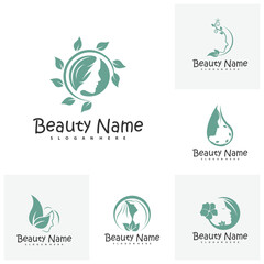 Set of Natural Floral Beauty woman face logo design, Beauty logo design template vector