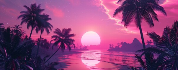 Obraz premium Tropical beach at sunset with vibrant pink and purple sky, silhouetted palm trees, ocean view. Dreamy paradise concept