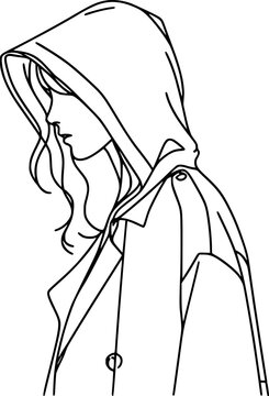 woman wearing hood, side profile, outline clip art preview