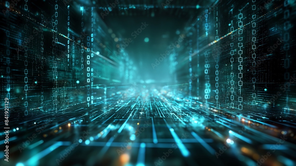 Wall mural abstract digital data tunnel with glowing lines