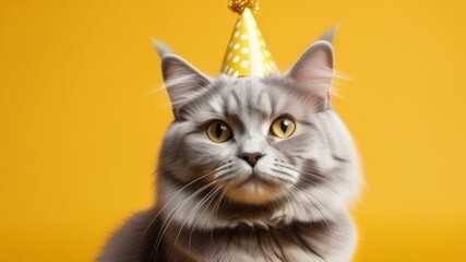 Cute fluffy cat in party hat on color background feline domestic on yellow background