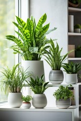 A row of potted plants with different sizes and shapes. The plants are arranged in a row on a shelf, with some taller and some shorter