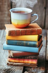 Naklejka premium A stack of hardcover books with colorful spines, fanned out on a rustic wooden table. A steaming cup of tea sits beside them, creating a cozy scene. Ample space in the upper right corner for branding.