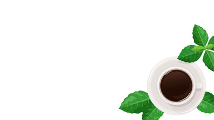 真上から見たコーヒーと葉っぱのフレーム_16:9