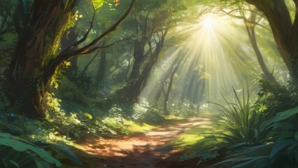 Serene woodland pathway captured in a painting, kissed by sunlight