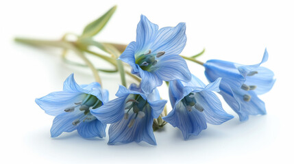 Delicate blue flowers with striped petals and green stems on a white background.