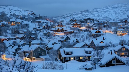 Snow-covered village at dusk, with homes lit warmly against the cold, white blanket of winter