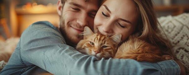 happy people at home with favorite pet , love and friendship of human and animal pragma