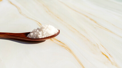 Mockup Kosher Mineral Unrefined Sea Salt in Wooden Table Spoon, Natural Grain Crystals, Copy Space for Text. Beach Yellow Background. Baja Salt. Horizontal Plane, Template
