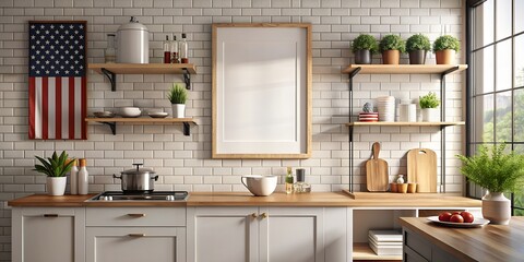 Fototapeta premium Bright And Airy Kitchen With White Brick Walls And Wood Shelves