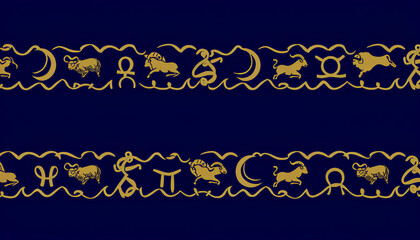 Horizontal pattern with zodiac signs on a dark blue background