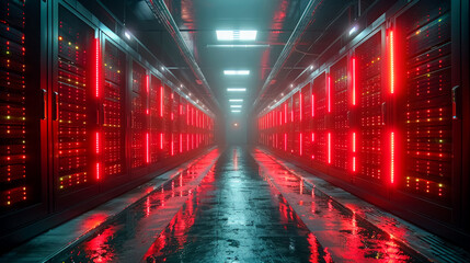 Fototapeta premium Two rows of server racks in modern data center's dark room, illuminated by VFX effects. Illustrates concept of building modern data centers. Reliable storage and security of confidential data.