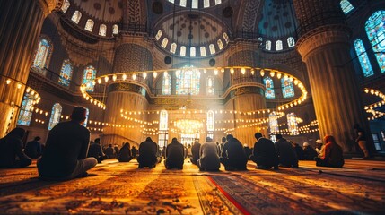 Obraz premium People praying in a beautifully decorated mosque during a Ramadan night, embodying spiritual tranquility