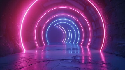 Naklejka premium Pink blue neon spectrum framed tunnel, virtual reality portal, glowing lines, abstract background, fashion show stage, empty space, photo realistic, isolated, copy space