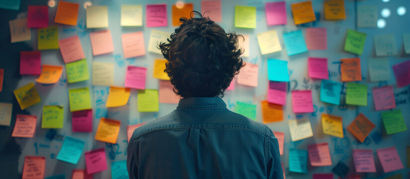 A creative professional brainstorming at a whiteboard covered in colorful post-it notes