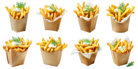 Set of French Fries With Lemon Dill Sauce isolated on transparent png background. Generative ai