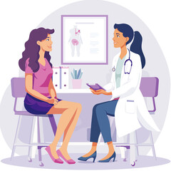 llustration of a medical doctors and a young female patient in an hospital or practice discussing or explaining her health case, illness, condition, treatment, medicine, health care
