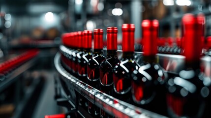 Red wine bottle production line in a factory, bottles on conveyor belts, minimalist and photo realistic, ideal for food industry visuals