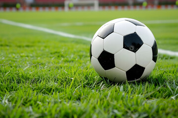 Close up Soccer ball n a grass. Close up of a football ball. Soccer Championship banner with copy space. Soccer ball in the stadium.