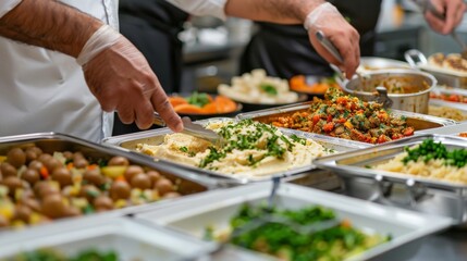 Detailed view of an iftar meal being prepared in a kitchen, with hands arranging food on platters