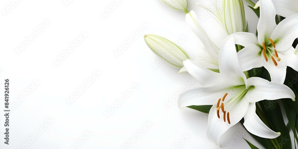 Wall mural funeral program design with white lily and ample text space. concept funeral program design, white l