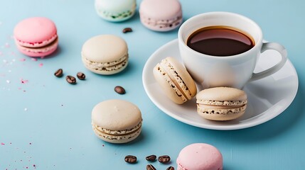 Fototapeta premium Cup of coffee macaroon cookies on blue pastel background
