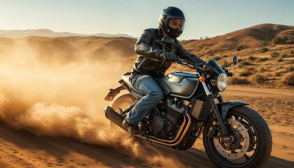 Biker. A man rides a motorcycle along a mountain off-road in a cloud of dust