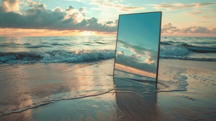 Mirror Reflecting Sky on Beach. Generative ai