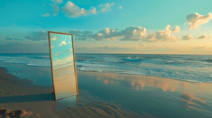 Mirror Reflecting Sky on Beach. Generative ai
