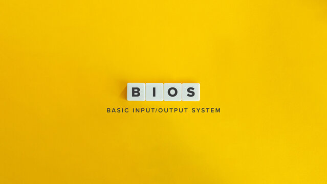 BIOS or Basic Input/Output System. Text on Block Letter Tiles and Icon on Flat Background. Minimalist Aesthetics.