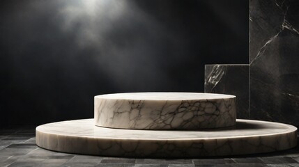 podium for presentation product of marble rock on dark background with fog and shine background, best mockup for presentation man product, masculine, lexury and gentle