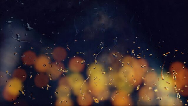 雨に濡れた窓ガラス越しのカラフルな夜景、背景のオフィス街をAIにて生成