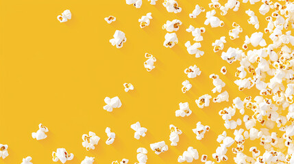 Close up of a bunch of popcorn on a yellow background. Top view of popcorn.
