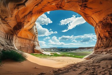 A sand dune and massive alcove carved into a cliff in the Utah desert