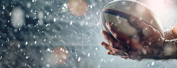 Dynamic moment of playing rugby in the rain: close-up of the ball in the player's hands