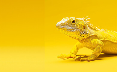 Obraz premium Close-up of a bearded dragon lizard against a yellow background.