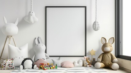 Cute modern interior of playroom with white walls baby accessories and toys Scandinavian child room with mock up poster frame