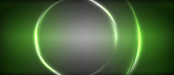 Neon glowing circle rays, light round lines in the dark, planet style neon wave lines. Energetic electric concept design for wallpaper, banner, background