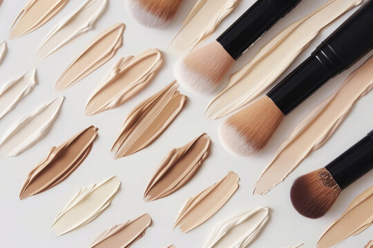 A row of makeup brushes and liquid foundation colors swatch with different shades, cosmetics and beauty background