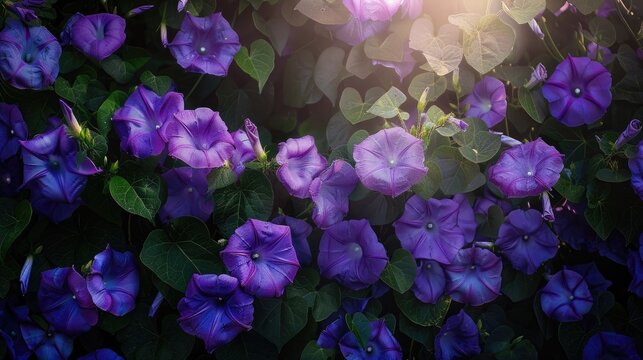 Flowering vines of purple morning glories blanket the earth