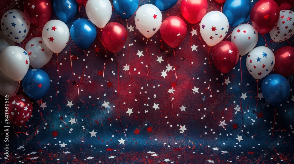 Wall mural festive backdrop with red, white, and blue balloons and star confetti, perfect for celebrations, pat - Wall murals