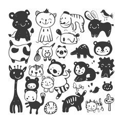 Obraz premium Hand-Drawn Animal Doodles: Whimsical Black and White Vector Illustration